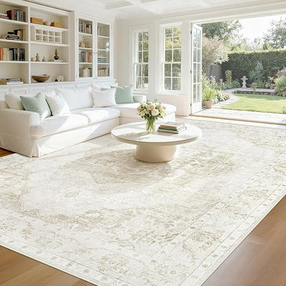 8x10 Area Rugs Washable Rugs for Living Room, Large Vintage Boho Rug Non-Slip Soft Floral Distressed Rug Low Pile Stain Resistant Carpet for Bedroom Nursery Office Dining Room Farmhouse(Beige, 8'x10')