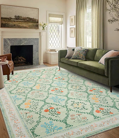 YIHOUSE Green Floral Print Rugs, Moroccan Trellis 10x14 Washable Large Rug, Modern Pastel Non Slip Ultra-Thin Area Rug for Classroom, Nursery Playroom,Dorm,Bedroom,Living Room, Green Multi