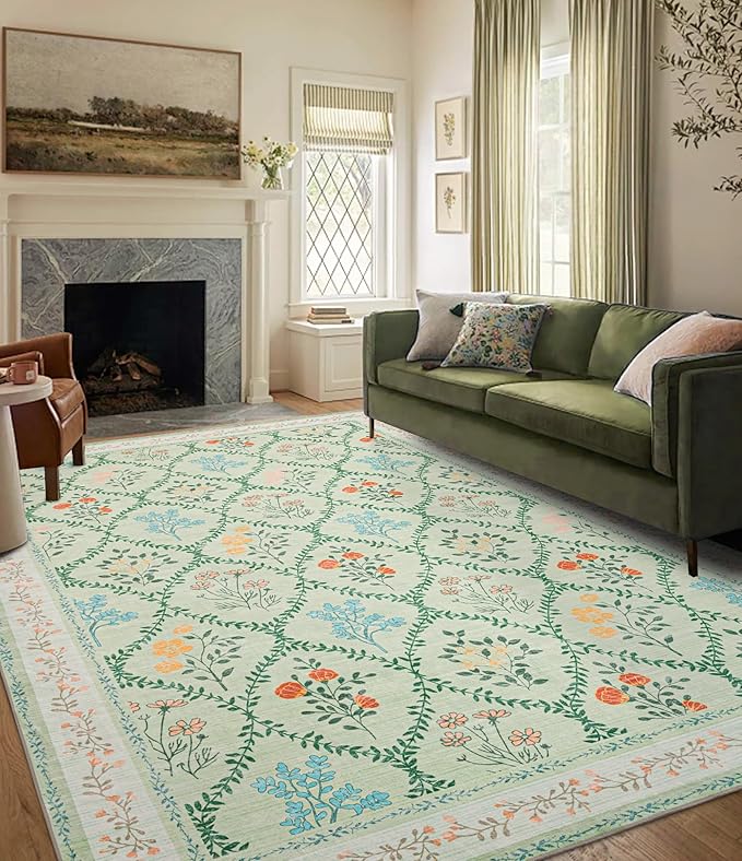 YIHOUSE Green Floral Print Rugs, Moroccan Trellis 9x12 Washable Large Rug, Modern Pastel Non Slip Ultra-Thin Area Rug for Classroom, Nursery Playroom,Dorm,Bedroom,Living Room, Green Multi