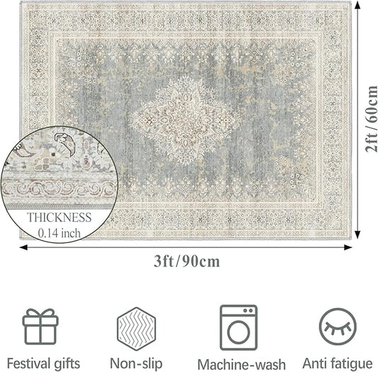 2x3 Entryway Rug Non-Slip Washable Thin Indoor Vintage Rug Low-Pile Floor Carpet for Entrance Bedroom Kitchen Bathroom Beige Grey