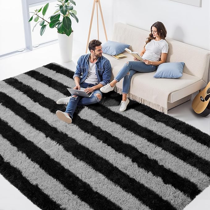 Zentavio Area Rugs for Living Room Large Rugs for Bedroom 6x9 Carpet Fluffy Fuzzy Soft Shag Aesthetic Plush High Pile Gray Throw Rug for Nursery Kids Room Dorm Horizontal Stripes Black Grey