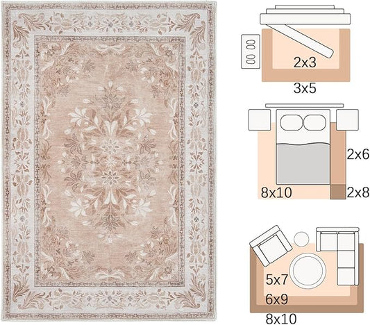jinchan Vintage Floral 3x5 Area Rugs for Entryway - Machine Washable Distressed Design Ultra-Thin Low-Pile Soft Non-Shedding Carpet for Kitchen Bedroom Entrance Laundry Living Room (3x5ft, Coral Pink)
