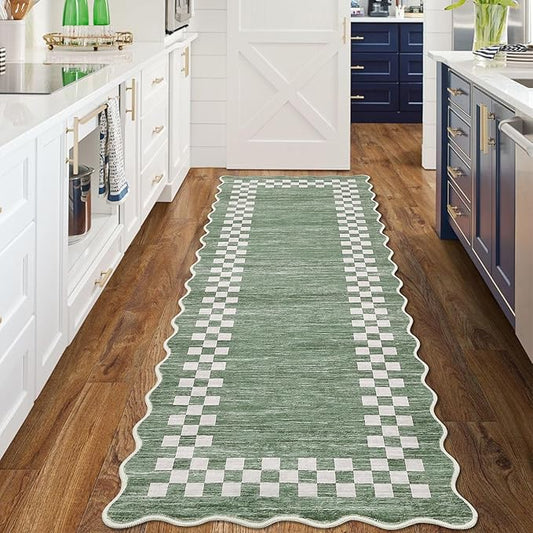 GarveeHome Hallway Runner Rug 2x6 Non Slip Scalloped Washable Rug for Kitchen Entry Stain Resistant Modern Border Throw Floor Carpet Long Runner Mat for Bathroom Living Room Bedside, Green
