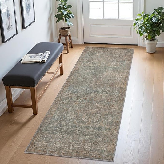 Bavni 2x7 Runner Rug Machine Washable Boho Runners for Hallway,Ultra-Thin Low Pile Rug,Lightweight Indoor Carpet,Non Slip Floral Runners for Enrtyway, Corridor, Home Office, Kitchen,Grayish Blue