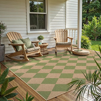 Lahome Checkered Washable Rugs 5x7, Green Area Rug Neutral Large Outdoor Patio Living Room Rug, Farmhouse Non Slip Non Shedding Floor Carpet for Courtyard Camping