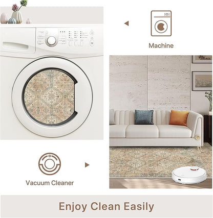 Bavni 2x10 Runner Rug Non Slip, Machine Washable Rug Runners for Hallways, Vintage Distressed Print Kitchen Runner, Low Pile Lightweight Carpet for Entryway Laundry Bedroom Bathroom Wood Brown
