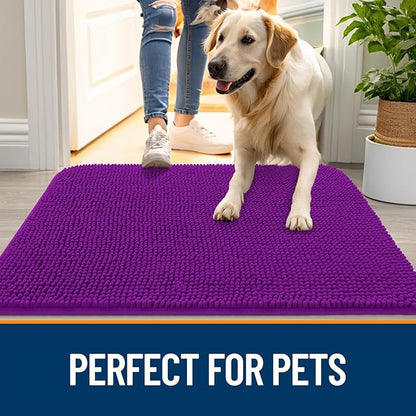 OLANLY Dog Door Mat for Muddy Paws 36x24, Absorbs Moisture and Dirt, Absorbent Non-Slip Washable Doormat, Quick Dry Chenille Mud Mat for Dogs, Entry Indoor Entryway Carpet for Inside Floor, Purple