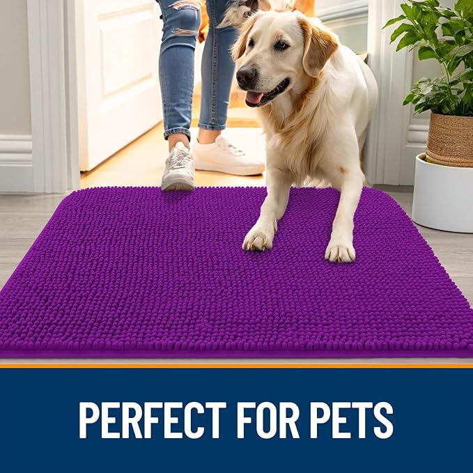 OLANLY Dog Door Mat for Muddy Paws 59x24, Absorbs Moisture and Dirt, Absorbent Non-Slip Washable Doormat, Quick Dry Chenille Mud Mat for Dogs, Entry Indoor Entryway Carpet for Inside Floor, Purple