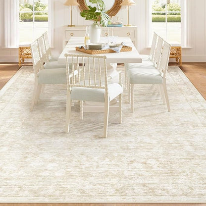 9x12 Area Rugs for Living Room: Washable Large Vintage Floral Rug Low Pile Non-Slip Boho Carpet for Bedroom Dining Home Office (Beige, 9'x12')