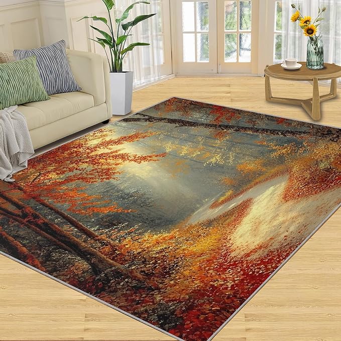5x6 Autumn Forest Rugs for Office - Natural Landscape Living Room Carpet, Forest Path Bedroom Area Rug Kids Low Pile Rug for Indoor Outdoor Hardwood Floors Home Decor