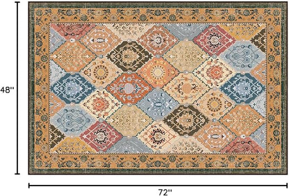 Phantoscope Washable Area Rug 4'x6' Non-Slip, Vintage Boho Rugs for Living Room, Bedroom, Dining Room, Distressed Moroccan Mosaic Diamond Pattern, Low-Pile Foldable Floor Carpet, Terracotta/Rust