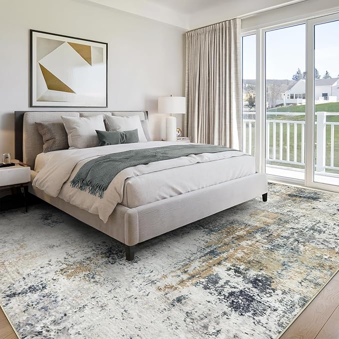 Washable Area Rugs for Living Room 8x10 - Large Neutral Modern Abstract Rug, Soft Low Pile Carpet with Non Slip Backing for Under Dining Room Table, Bedroom, Home, Office, Dorm - Green Yellow