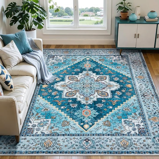 Tangsoo Blue 3x5 Washable Rug, Vintage Indoor Area Rugs, Boho Non Slip Accent Rug Carpet, Soft Low Pile Rugs for Living Room Dorm Bedroom Bedside Entryway Bathroom Home Decor