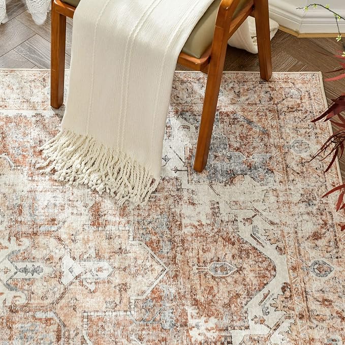 jinchan Kelda Area Rug 9x12 Washable Living Room Rug Vintage Indoor Large Floor Cover Distressed Lightweight Non-Slip Low Pile Thin Mat Accent Stain Resistant Carpet for Bedroom Office Brick Red