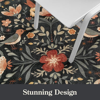 Moynesa 3x5 Entryway Rug Indoor, Modern Transitional Washable Non-Slip Low Pile Black Area Rug for Bedroom Kitchen Entry,Lightweight Foldable Farmhouse Floral Bird Carpet Folk Art Home Decor