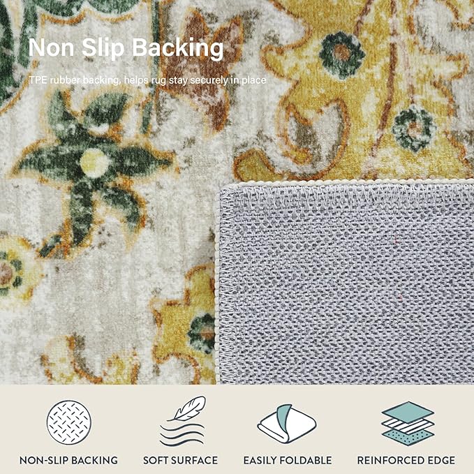 Lahome Bohemian Floral Medallion Area Rug - 3x5 Soft Rug for Bedroom Living Room Mat, Cute Washable Indoor Floor Throw Carpet for Office Entry Way Apartment Dressing Room RV, Yellow/Green/Multi