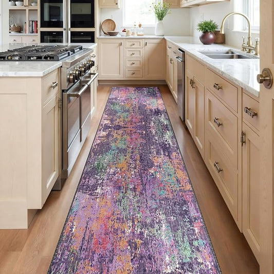 Washable Area Rugs 2'x8' Non-Slip Modern Abstract Soft for Living Room Entryway Bedroom Nursery, Print Pattern, Purple Orange Blue Green Rust Red Colorful