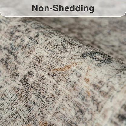 FMFUNCTEX 9x12 Washable Area Rug Vintage Neutral Distressed Large Taupe Non Slip Carpet for Living Room Bedroom Soft Low Pile Indoor Mat Retro Floral Throw Rug for Dining Room Kitchen Office Nursery