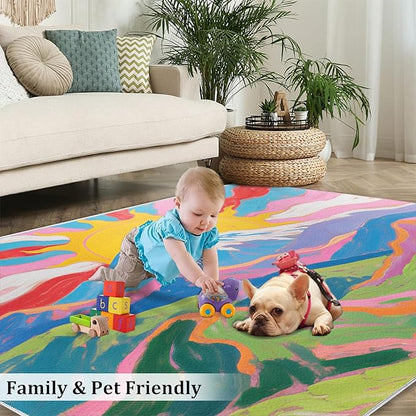 Boho Sun Area Rugs 4x5ft, Watercolor Mountain Kids Play Rug, Abstraction Deco Throw Rugs Bedroom Fluffie Soft for Coffee Shop Living Room Under Table Game Room
