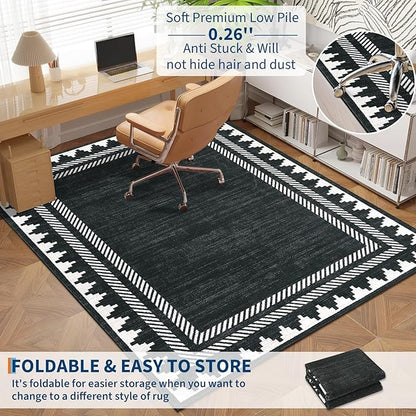 Modern Geometric Bordered 2×6 Non Slip Low Pile Runner Rugs for Kitchen Hallway Modern Stain Resistant Soft Indoor Carpet Foldable Machine Washable Non Shedding Bedroom Dining Room Rug, Black