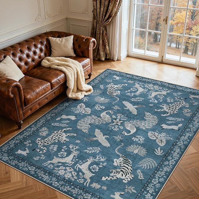 Moynesa Animal Area Rugs 8x10, Washable Luxurious Vintage Boho Blue Area Rug for Living Room Bedroom Dining Room Office Playroom, Foldable Low Pile Soft Non-Slip Carpets for Indoor