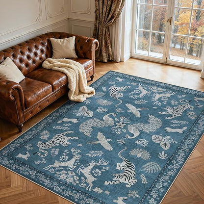 Moynesa Animal Area Rugs 8x10, Washable Luxurious Vintage Boho Blue Area Rug for Living Room Bedroom Dining Room Office Playroom, Foldable Low Pile Soft Non-Slip Carpets for Indoor
