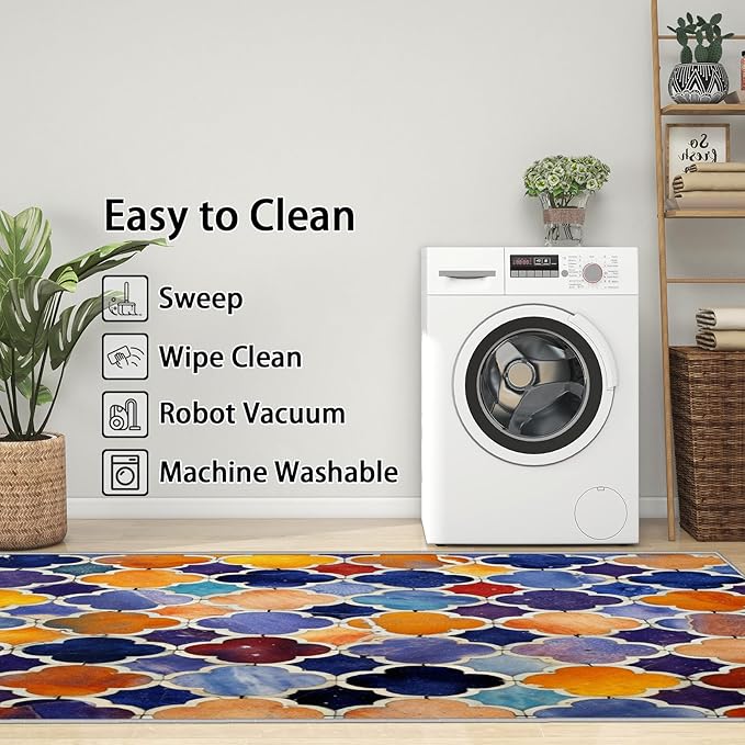 Moroccan Rugs for Living Room - 8x10 Area Rugs, Moroccan Trellis Living Room Rug, Colorful Geometric Rug for Bedroom, Oriental Tile Washable Carpet, Traditional Patchwork Home Decor & Gifts