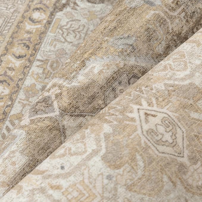 4x6 Washable Vintage Area Rug for Living Room Bedroom Non Slip Distressed Traditional Soft Throw Rug Beige Brown Low Pile Lightweight Floral Carpet Laundry Dining Room Kitchen Office Beside Bed