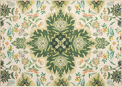 Phantoscope Washable Area Rug 5'x7' Non-Slip, Vintage Boho Rugs for Living Room, Bedroom, Dining Room, Neutral Green Floral Medallion Pattern, Low-Pile Foldable Floor Carpet, Forest Green/Cream