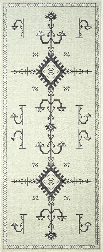 GLN Rugs Contemporary Collection - Machine Washable Area Rug, Contemporary Washable, Non Slip, Low Pile Chenille Rug, Living Room, Bedroom, Kitchen Rug (2'6" x 10' Cream/Anthracite)