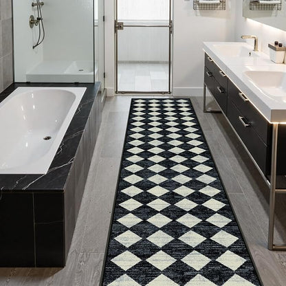Lahome Checkered Washable 2x12 Runners for Hallways Non Slip, Black Kitchen Bathroom Runner Rugs, Modern Trellis Ultra-Thin Indoor Carpet Runner for Bedroom Dorm Classroom Decor (2'x12',Black)