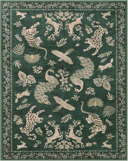 Moynesa Green 8x10 Area Rugs for Living Room, Washable Vintage Neutral Farmhouse Animal Area Rug for Bedroom Dining Room Office Study, Faux Wool Soft Non Slip Retro Carpets for Indoor