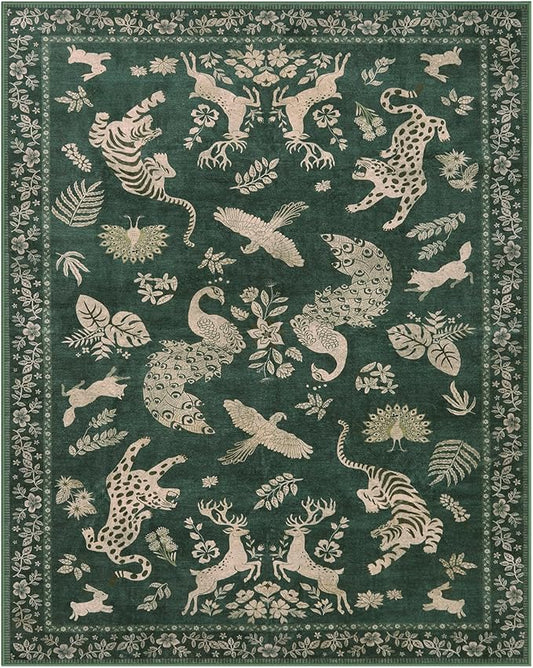 Moynesa Green 8x10 Area Rugs for Living Room, Washable Vintage Neutral Farmhouse Animal Area Rug for Bedroom Dining Room Office Study, Faux Wool Soft Non Slip Retro Carpets for Indoor