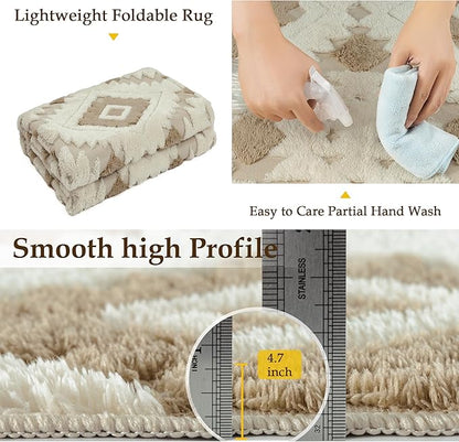 Ivory Brown 8x10 Area Rug Washable Living Room Moroccan Shag Carpet Non Slip Soft Neutral Boho Plush Pile Large Throw Rug for Office Bedroom Dining Room Playroom