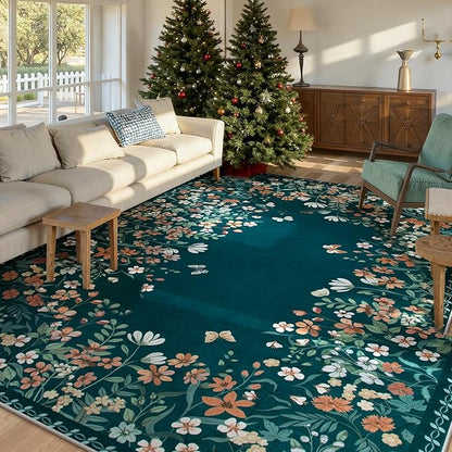 Wonnitar Washable 5x7 Floral Rugs for Living Room, Non-Slip Soft Bedroom Rug, Vintage Low Pile Dining Room Teal Green Area Rug Floor Carpet for Mud Room (Teal Green,5'x7')