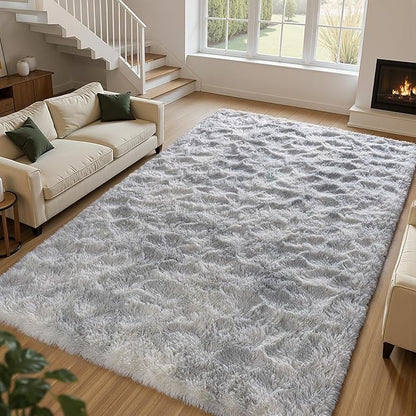 Zentavio Grey and White Area Rugs for Living Room Large Men Room Carpet 6x9 Bedroom Fluffy Furry Shag Aesthetic Plush High Pile Floor Rug for Kids Room Dorm Home Decor Tie-Dyed Grey White