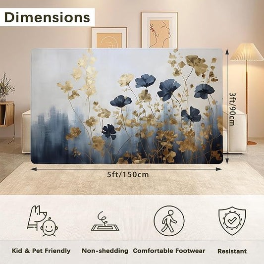 Blue Gray Flower Area Rug for Living Room, Non-Slip Backing Low Pile Modern Abstract Rug for Indoor Use, 3x5 Washable Carpet
