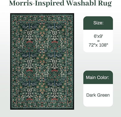 6x9 Area Rugs Living Room Rug - Floral Vintage Morris-Inspired Washable Carpet, Low Pile Non-Shedding Stain Resistance Boho Soft Carpet for Bedroom, Dining Room, Office, Farmhouse (6'x9' Dark Green)