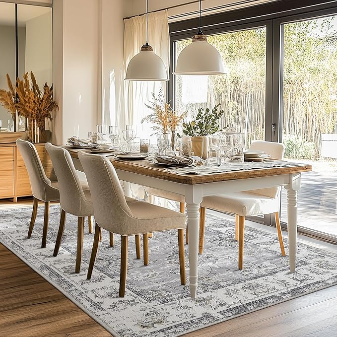 jinchan Fiora Vintage Floral 5x7 Area Rugs for Bedroom - Machine Washable Distressed Design Stain Resistant Boho Carpet Ultra-Thin Low Pile Non-Slip Rug for Living Room Dining Room (5'x7', Grey)