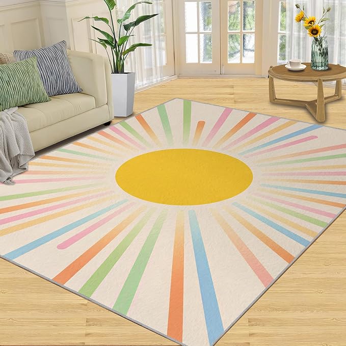 Boho Sun Area Rugs 4x5ft, Minimalist Sunburst Kids Play Rug, Abstraction Deco Throw Rugs Bedroom Fluffie Soft for Coffee Shop Living Room Under Table Game Room