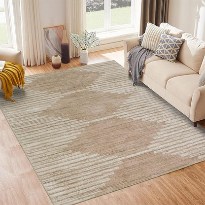 HelloTree Area Rug for Living Room 6x9 Washable Geometric Moroccan Rug Stripe Farmhouse Bohemian Minimalistic Non Slip Non Shedding Ultra Thin Soft Rug for Bedroom Office DiningRoom Nursery-Khaki