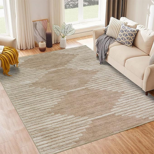 HelloTree Area Rug for Living Room 5x7 Washable Geometric Moroccan Rug Stripe Farmhouse Bohemian Minimalistic Non Slip Non Shedding Ultra Thin Soft Rug for Bedroom Office DiningRoom Nursery-Pink&Khaki