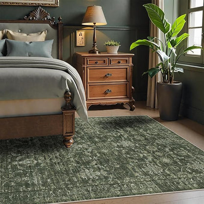 Washable Area Rug 4x6 Green Rugs for Living Room, Vintage Boho Large Rug for Bedroom Dining Room Office, Distressed Floral Print Carpet for Under Table, Soft Non Slip Low Pile Throw Carpet Indoor Mat