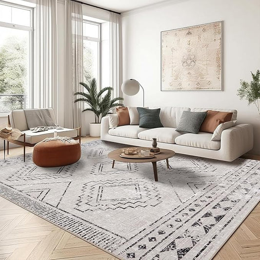 ILANGO Area Rugs 9'x12' for Living Room Machine Washable Grey Area Rugs Modern Dedroom with Rubber Backing Non Slip Carpet for Farmhouse Dining Room, Ultra-Thin, Foldable, Easy Clean
