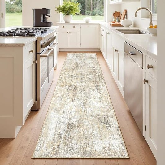 Washable Area Rugs 2'x6' Non-Slip Modern Abstract Soft for Living Room Entryway Bedroom Nursery, Print Pattern, Neutral Brown Gray