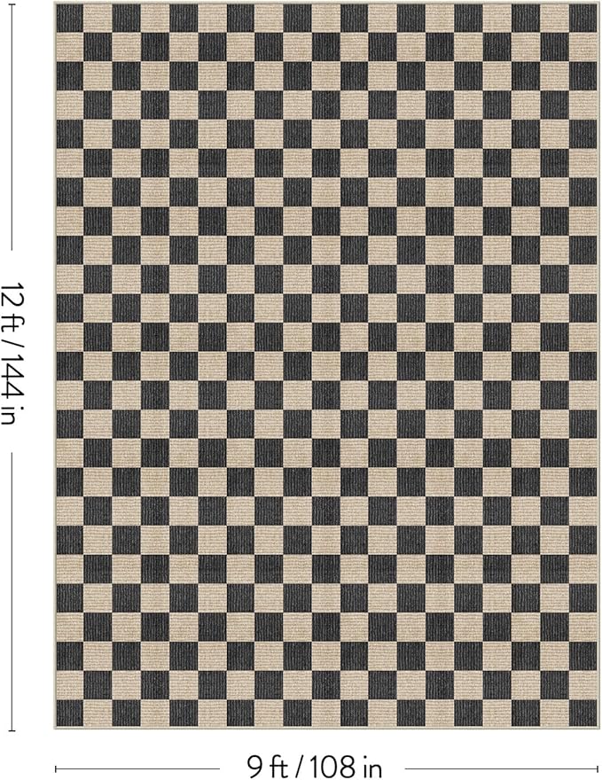 LIVEBOX 9x12 Area Rugs for Living Room, Checkered Non-Slip Washable Rugs, Farmhouse Neutral Classic Geometric Large Boys Area Rug for Bedroom, Carpet for Living Dining Room Office(Black,9'x12')