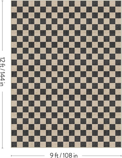 LIVEBOX 9x12 Area Rugs for Living Room, Checkered Non-Slip Washable Rugs, Farmhouse Neutral Classic Geometric Large Boys Area Rug for Bedroom, Carpet for Living Dining Room Office(Black,9'x12')