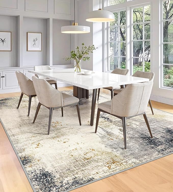 Area Rugs 9x12 Living Room - Modern Abstract Large Rugs for Living Room Non-Slip Low Pile Soft Machine Washable Carpet for Bedroom, Under Dining Table, Nursery, Farmhouse (9'x12' Beige Tan)