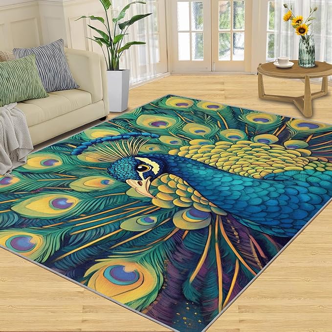 Peacock Rug 4x5-4x5 Rug, Wonderful Peacock Area Rugs for Bedroom, Teal Turquoise Rugs for Living Room, Modern Style Washable Mat, Malachite Green Feather Carpet - Peafowl Home Decor & Gifts
