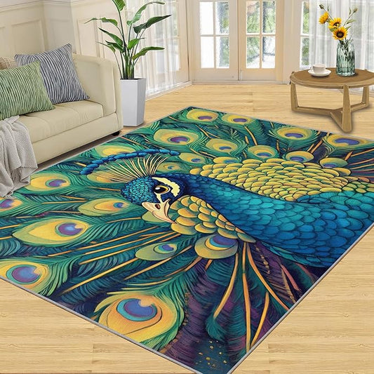 Peacock Rug 4x6-4x6 Rug, Wonderful Peacock Area Rugs for Bedroom, Teal Turquoise Rugs for Living Room, Modern Style Washable Mat, Malachite Green Feather Carpet - Peafowl Home Decor & Gifts
